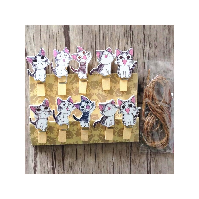 10 mini pinces à linge chats kawaii en bois