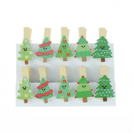 10 mini pinces à linge "sapins de noël" en bois